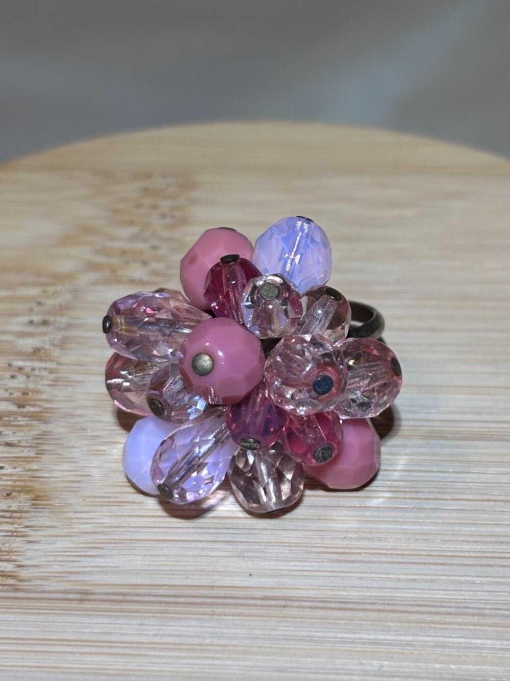 Pink Beaded Cluster Statement Ring Silver Tone Faceted Acrylic Cocktail Ring
